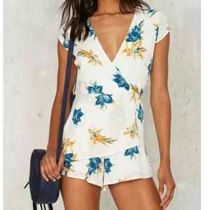 Honey Punch Floral White Blue Yellow Romper Medium